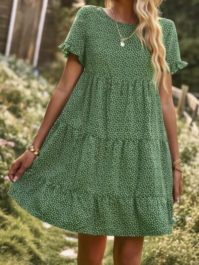 Floral Polka Dots Boat Neck Loose A Line Midi Dres