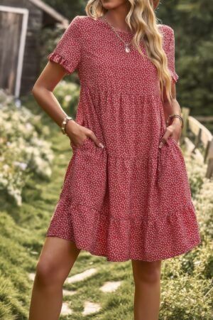 Floral Polka Dots Boat Neck Loose A Line Mini Dress Floral Polka Dots Boat Neck Loose A Line Midi Dres