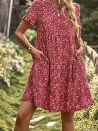Floral Polka Dots Boat Neck Loose A Line Midi Dres