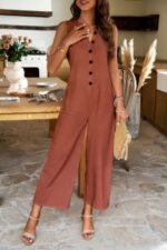 V Neck Button Sleeveless Wide Pockets Jumpsuit