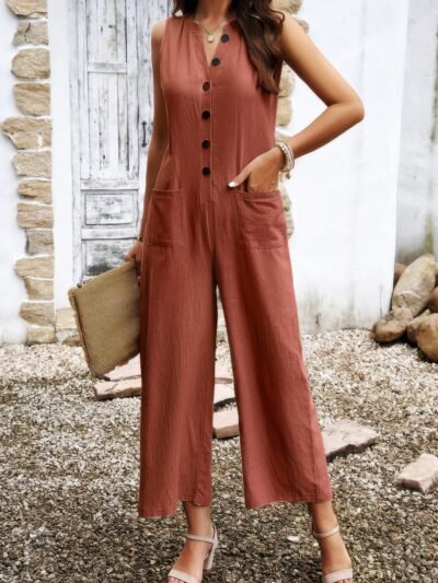 V Neck Button Sleeveless Wide Pockets Jumpsuit V Neck Button Sleeveless Wide Pockets Jumpsuit