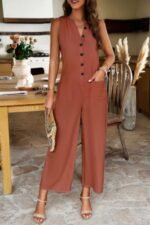V Neck Button Sleeveless Wide Pockets Jumpsuit - Image 3