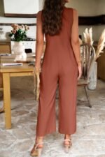 V Neck Button Sleeveless Wide Pockets Jumpsuit - Image 4