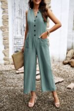 V Neck Button Sleeveless Wide Pockets Jumpsuit - Image 6