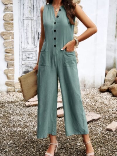 V Neck Button Sleeveless Wide Pockets Jumpsuit V Neck Button Sleeveless Wide Pockets Jumpsuit