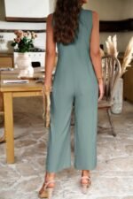 V Neck Button Sleeveless Wide Pockets Jumpsuit - Image 8