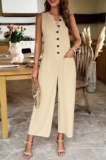 V Neck Button Sleeveless Wide Pockets Jumpsuit - Image 9