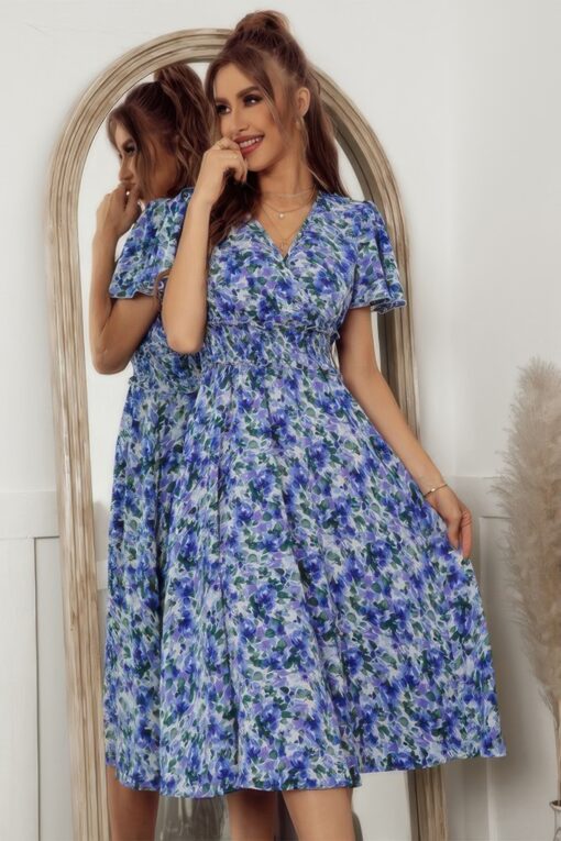 Bohemian Floral V Neck High Waist Midi Dress - Image 3