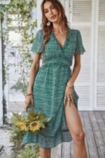 Deep V Neck Floral Boho Ruffle Short Sleeve Dress - Image 2
