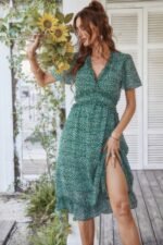 Deep V Neck Floral Boho Ruffle Short Sleeve Dress - Image 3