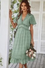 Deep V Neck Floral Boho Ruffle Short Sleeve Dress - Image 6
