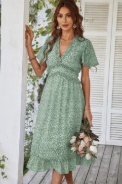 Deep V Neck Floral Boho Ruffle Short Sleeve Dress