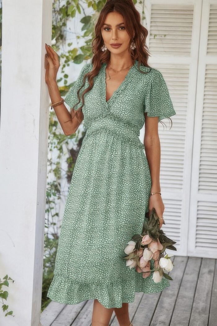 Deep v neck floral boho ruffle short sleeve dress - image 6