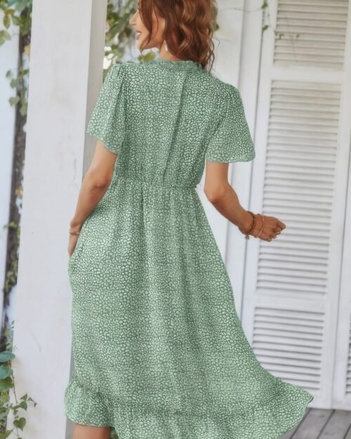 deep v neck floral boho ruffle short sleeve dress