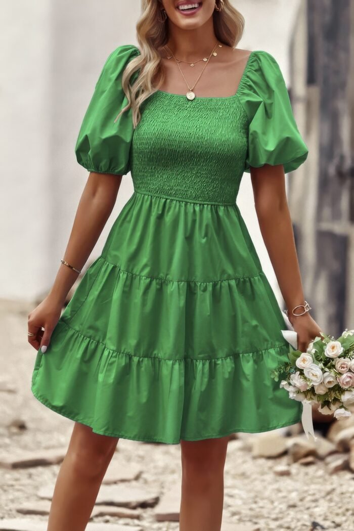 Square neck ruched balloon sleeve smocked midi dress - image 1