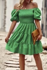 Square Neck Ruched Balloon Sleeve Smocked Midi Dress - Image 2