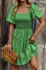 Square Neck Ruched Balloon Sleeve Smocked Midi Dress - Image 3