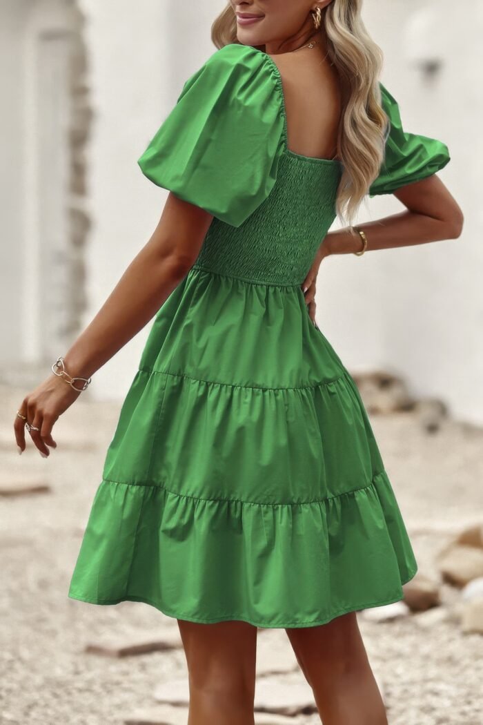 Square neck ruched balloon sleeve smocked midi dress - image 4