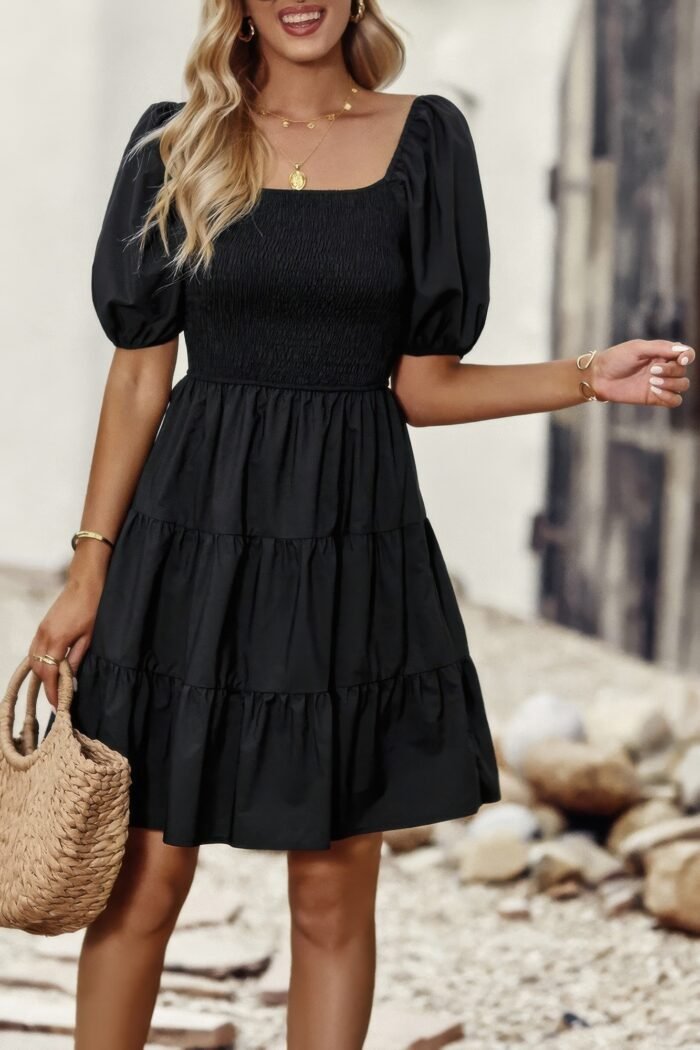 Square neck ruched balloon sleeve smocked midi dress - image 5