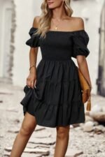 Square Neck Ruched Balloon Sleeve Smocked Midi Dress - Image 6