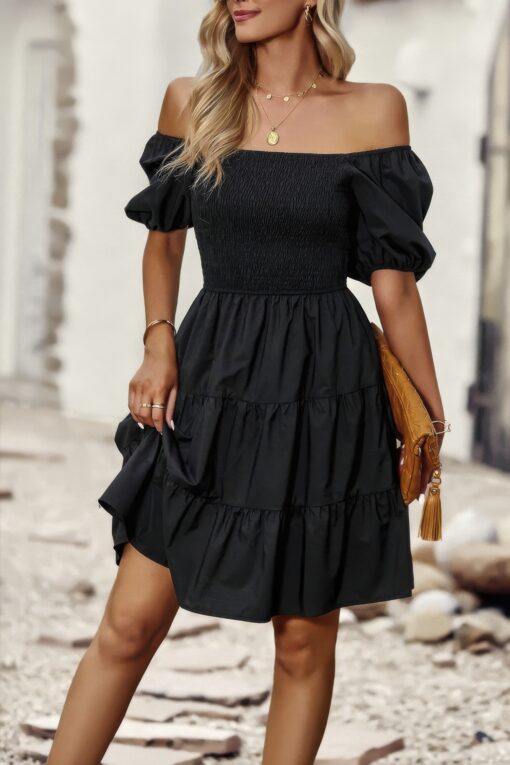 Square Neck Ruched Balloon Sleeve Smocked Midi Dress - Image 6