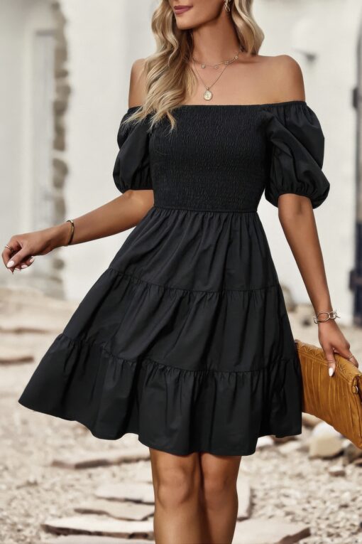 Square Neck Ruched Balloon Sleeve Smocked Midi Dress - Image 7