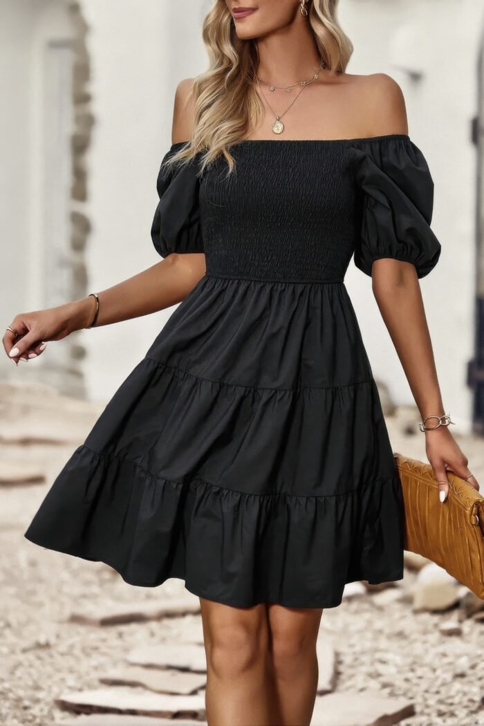 Square neck ruched balloon sleeve smocked midi dress - image 7