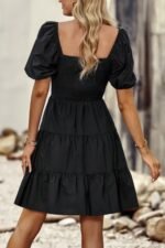 Square Neck Ruched Balloon Sleeve Smocked Midi Dress - Image 8