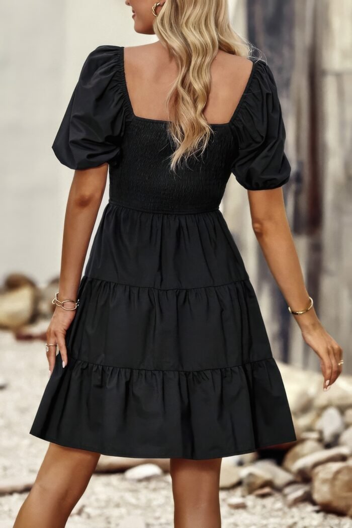 Square neck ruched balloon sleeve smocked midi dress - image 8