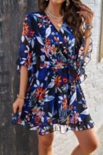 Floral V Neck Waist Tie Ruffle Hem Wrap Dress - Image 2