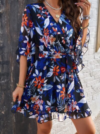 Floral V Neck Waist Tie Ruffle Hem Wrap Dress
