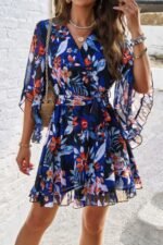 Floral V Neck Waist Tie Ruffle Hem Wrap Dress - Image 3