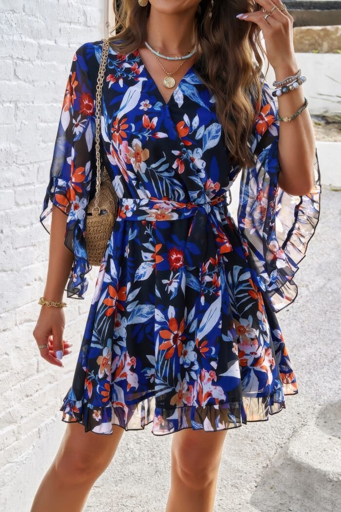Floral v neck waist tie ruffle hem wrap dress - image 3