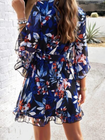Floral V Neck Waist Tie Ruffle Hem Wrap Dress
