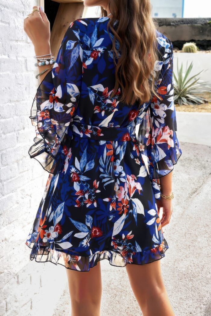 Floral v neck waist tie ruffle hem wrap dress - image 4