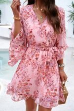Floral V Neck Waist Tie Ruffle Hem Wrap Dress - Image 5