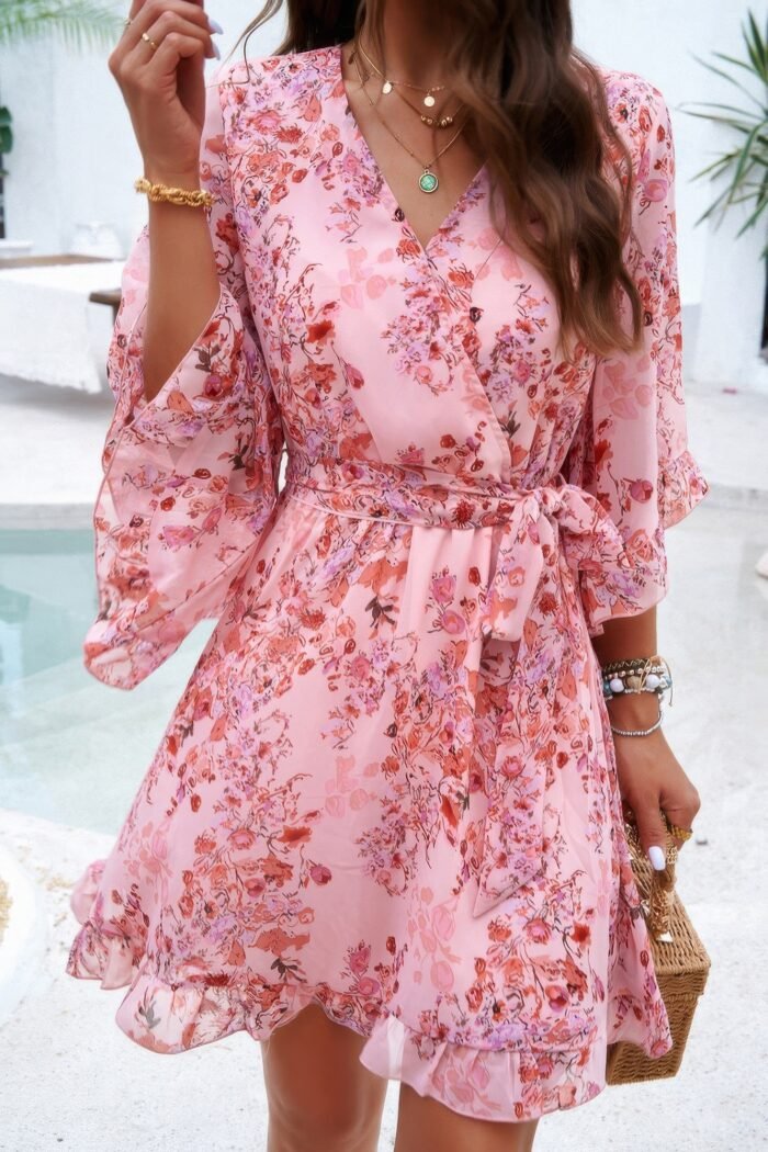 Floral v neck waist tie ruffle hem wrap dress - image 5