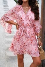 Floral V Neck Waist Tie Ruffle Hem Wrap Dress - Image 6