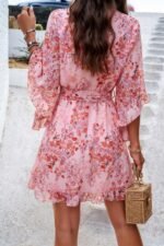 Floral V Neck Waist Tie Ruffle Hem Wrap Dress - Image 7