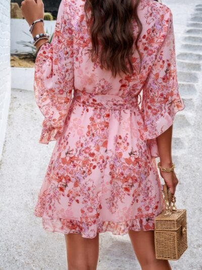 Floral V Neck Waist Tie Ruffle Hem Wrap Dress