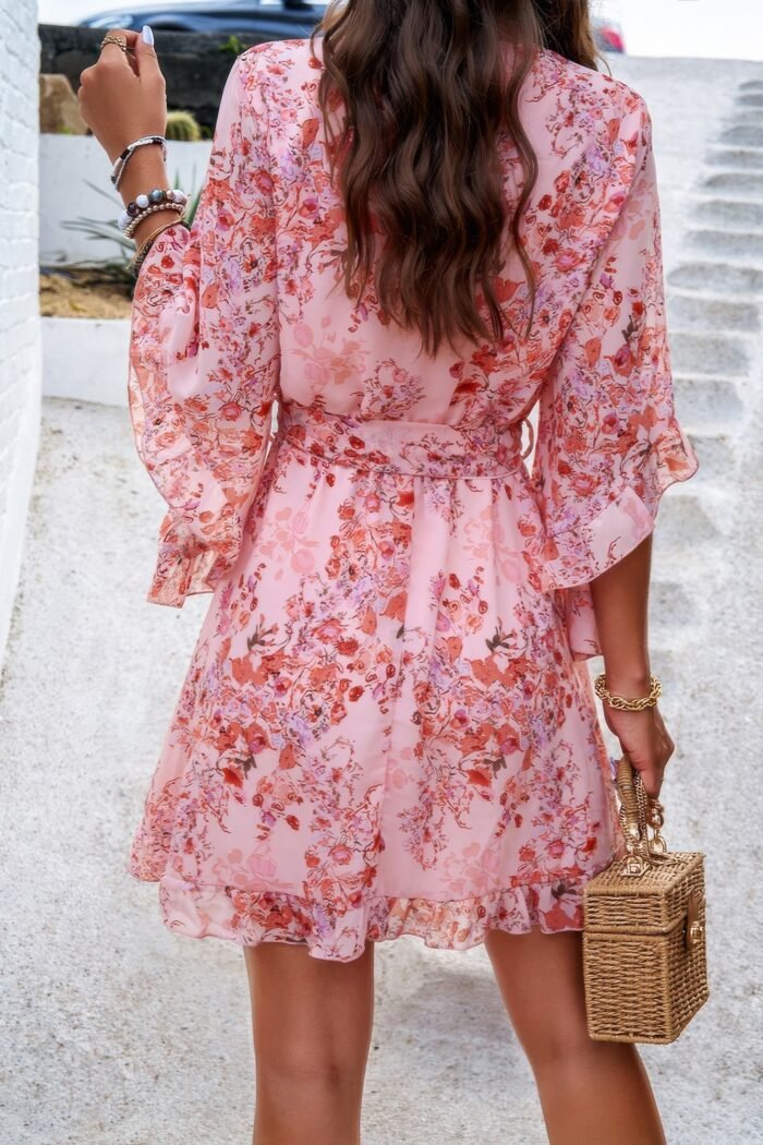 Floral v neck waist tie ruffle hem wrap dress - image 7