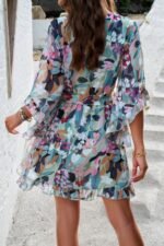 Floral V Neck Waist Tie Ruffle Hem Wrap Dress - Image 12