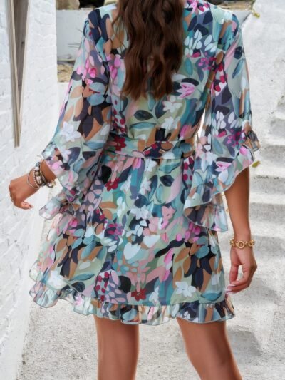 Floral V Neck Waist Tie Ruffle Hem Wrap Dress