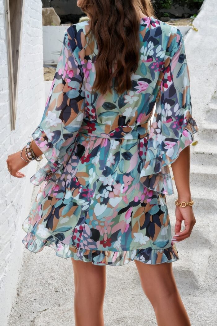 Floral v neck waist tie ruffle hem wrap dress - image 12