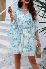 Floral V Neck Waist Tie Ruffle Hem Wrap Dress - Image 13