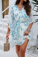 Floral V Neck Waist Tie Ruffle Hem Wrap Dress - Image 14