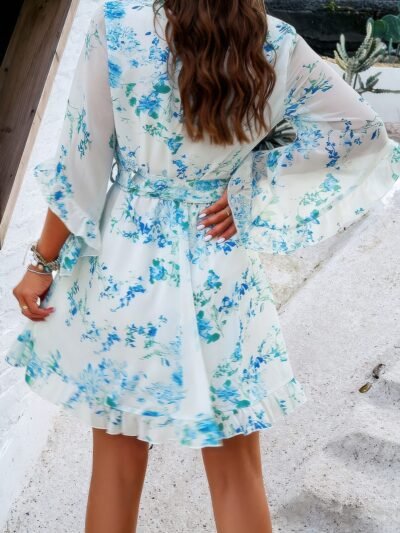 Floral V Neck Waist Tie Ruffle Hem Wrap Dress