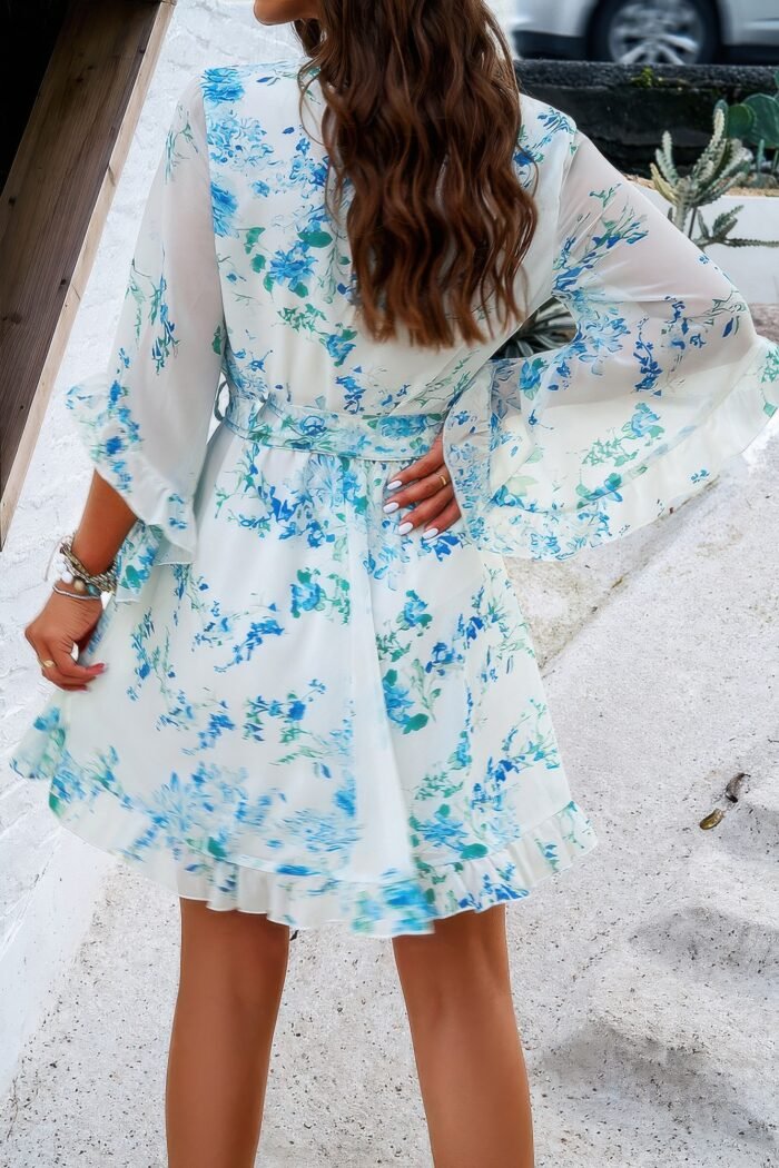 Floral v neck waist tie ruffle hem wrap dress - image 16