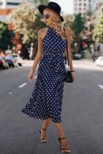 Dot Print Open Shoulder Fit Knot Belt Dress - Image 2