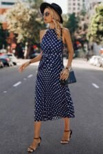 Dot Print Open Shoulder Fit Knot Belt Dress - Image 3